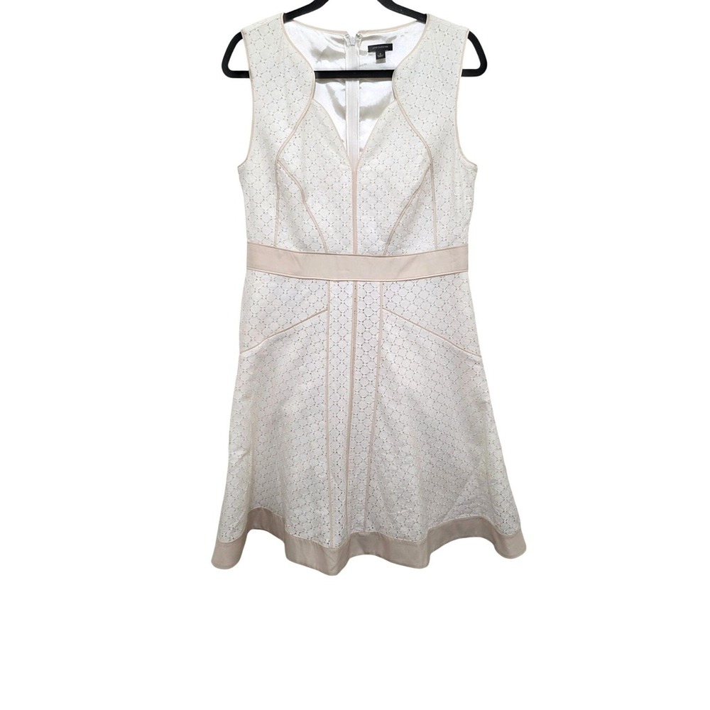 Ann Taylor Ivory Lace Sleeveless Fit & Flare Dress Soft Beige Trim Women's Size‎